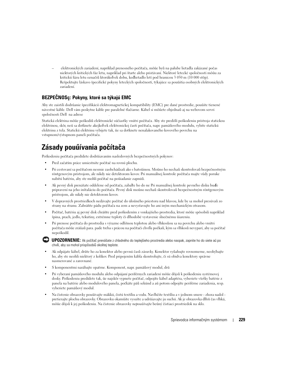Zásady pouűívania počítača, Bezpečnosç: pokyny, ktoré sa týkajú emc | Dell Latitude D505 User Manual | Page 231 / 322