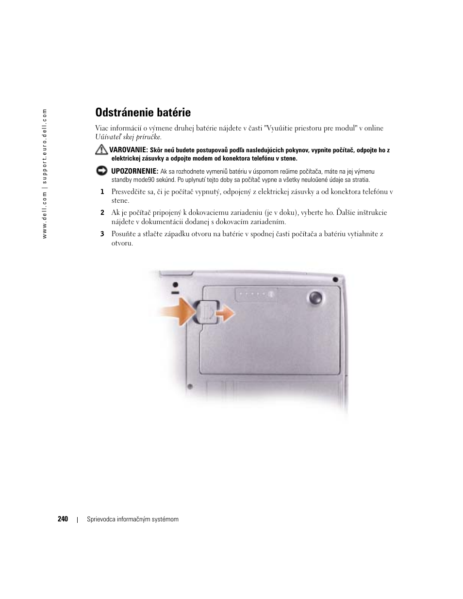 Odstránenie batérie | Dell Latitude D505 User Manual | Page 242 / 322