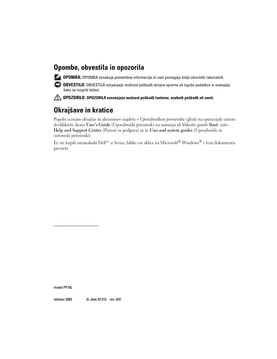 Opombe, obvestila in opozorila, Okrajšave in kratice | Dell Latitude D505 User Manual | Page 250 / 322