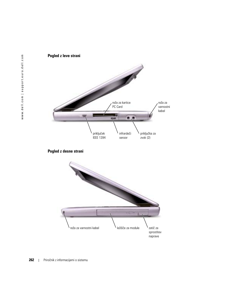Pogled z leve strani, Pogled z desne strani | Dell Latitude D505 User Manual | Page 264 / 322