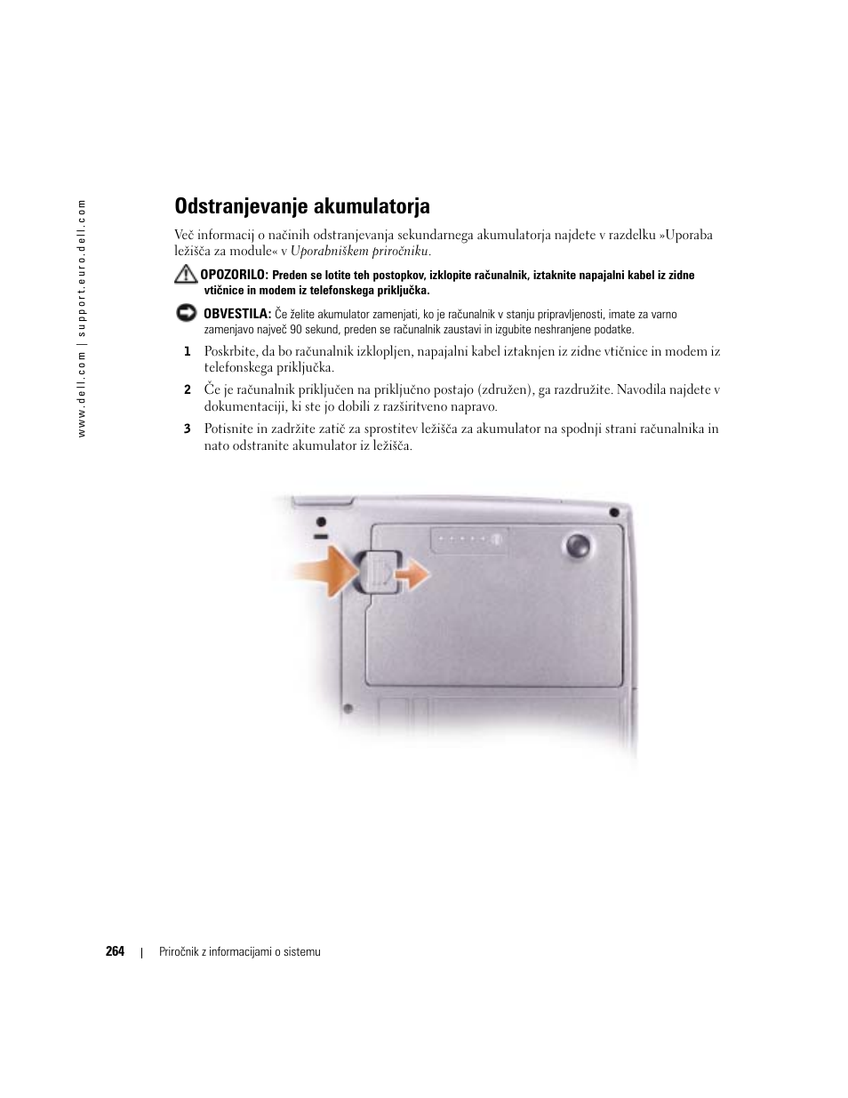 Odstranjevanje akumulatorja | Dell Latitude D505 User Manual | Page 266 / 322
