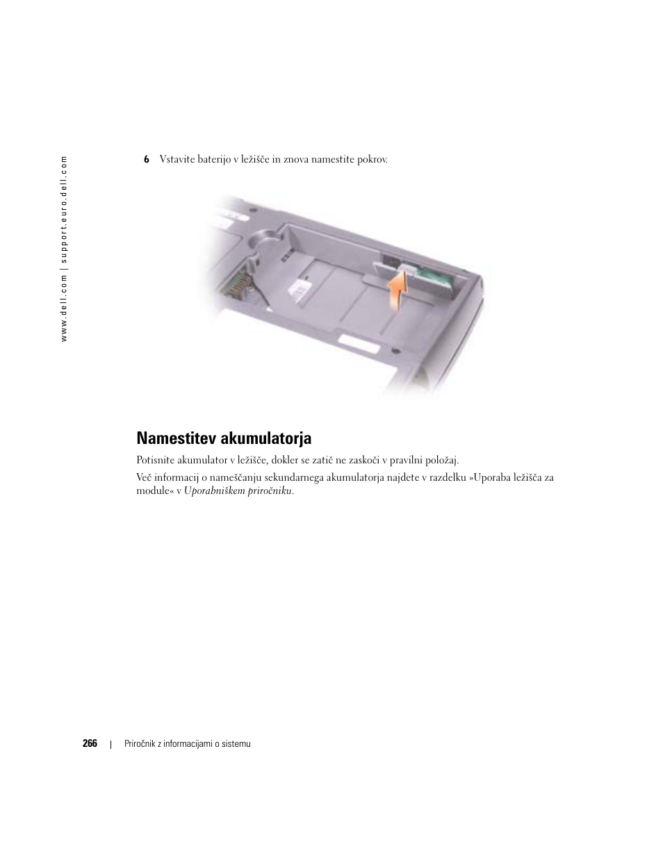 Namestitev akumulatorja | Dell Latitude D505 User Manual | Page 268 / 322