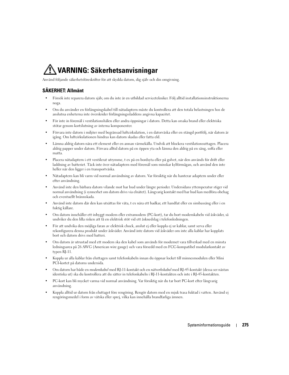 Varning: säkerhetsanvisningar, Säkerhet: allmänt | Dell Latitude D505 User Manual | Page 277 / 322