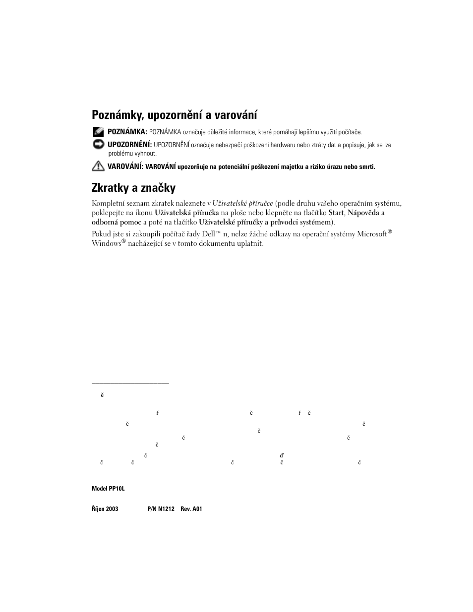 Poznámky, upozornění a varování, Zkratky a značky | Dell Latitude D505 User Manual | Page 28 / 322