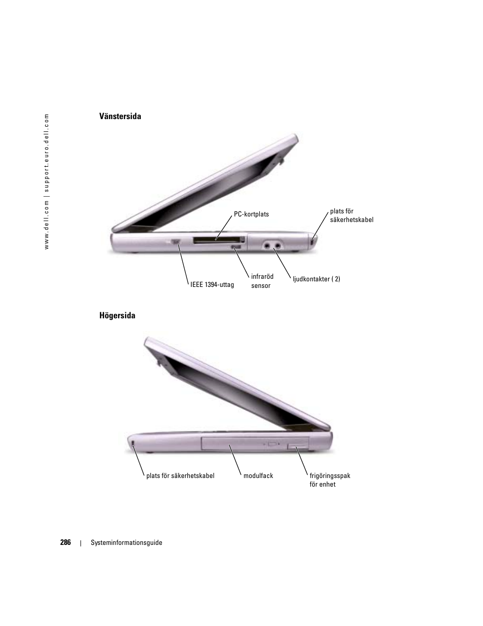 Vänstersida, Högersida | Dell Latitude D505 User Manual | Page 288 / 322