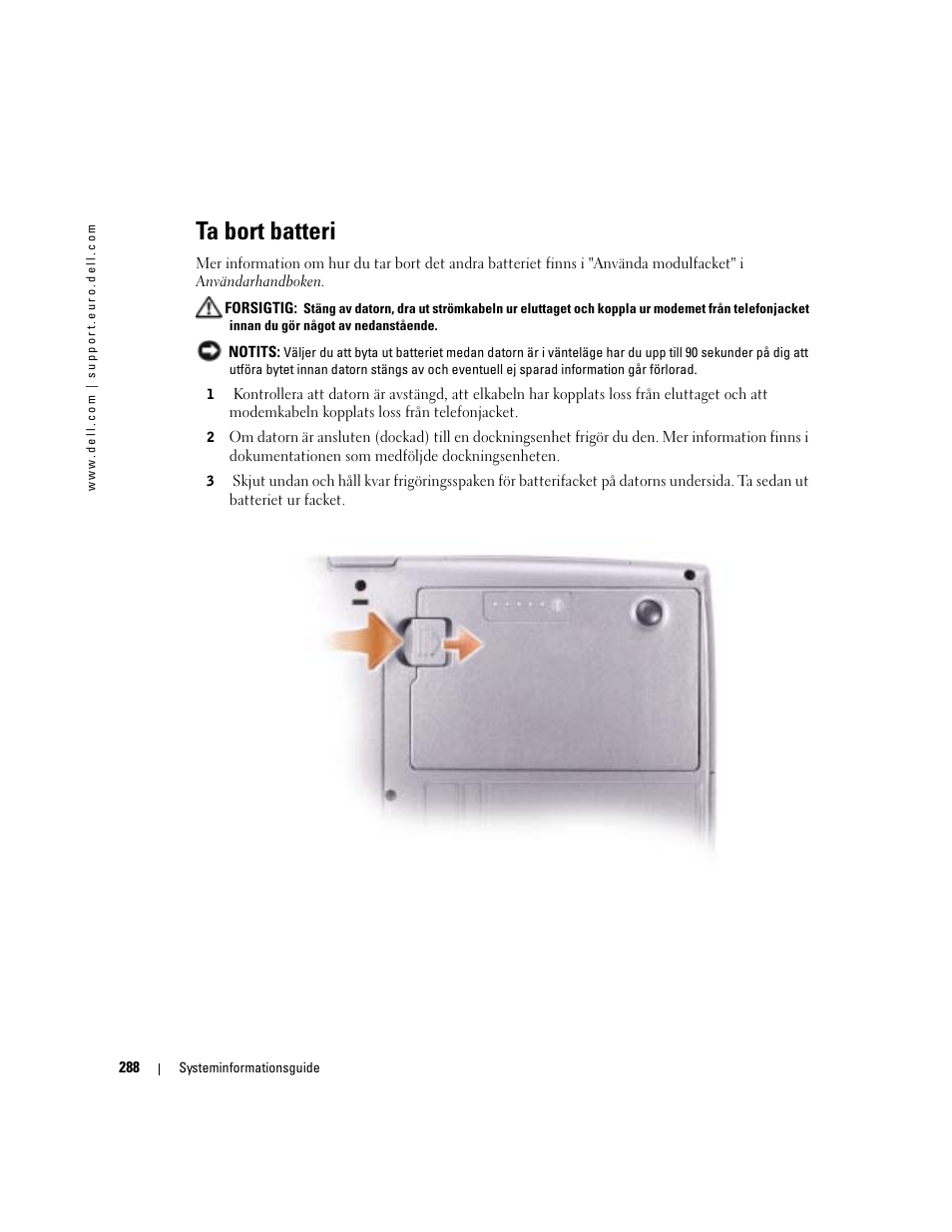 Ta bort batteri | Dell Latitude D505 User Manual | Page 290 / 322