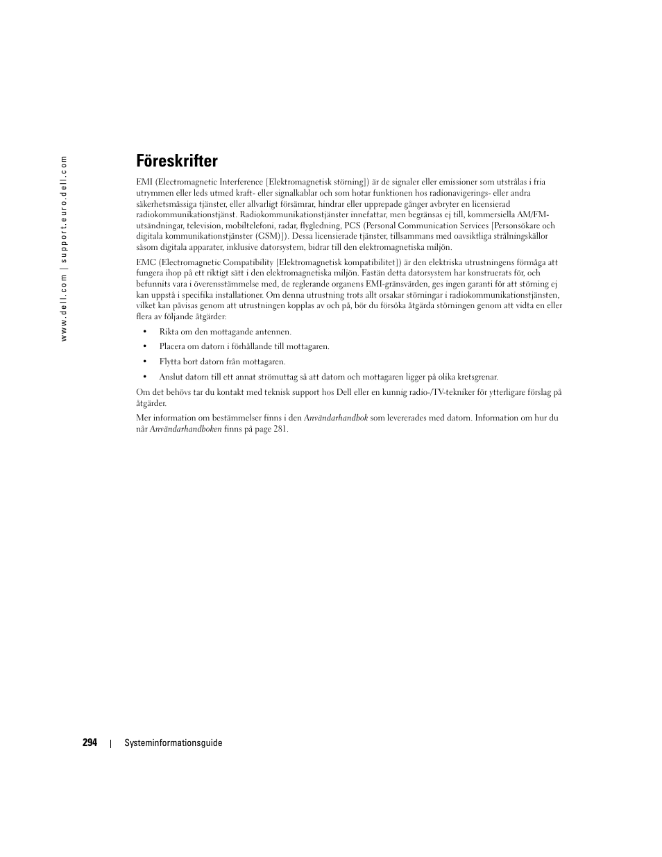 Föreskrifter | Dell Latitude D505 User Manual | Page 296 / 322