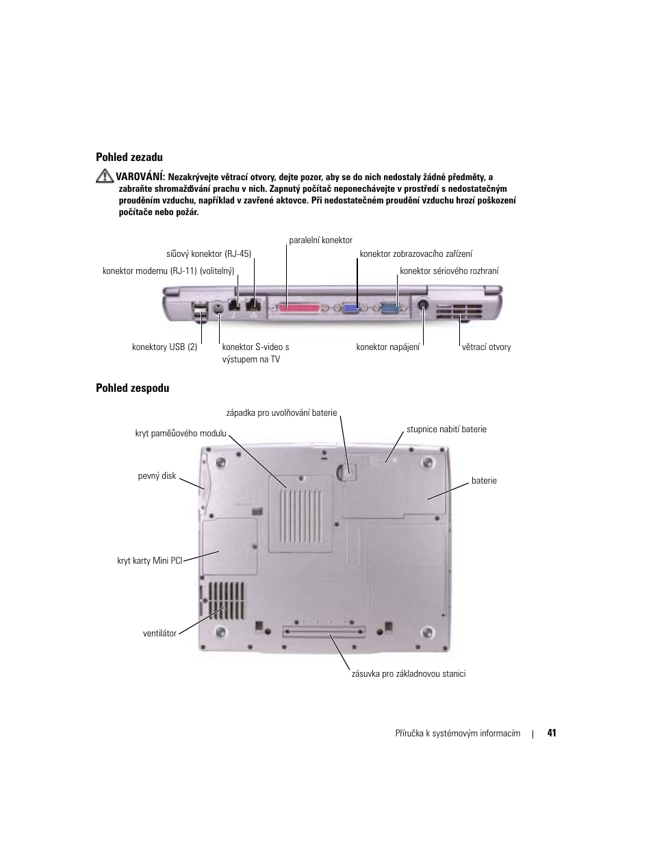 Pohled zezadu, Pohled zespodu | Dell Latitude D505 User Manual | Page 43 / 322