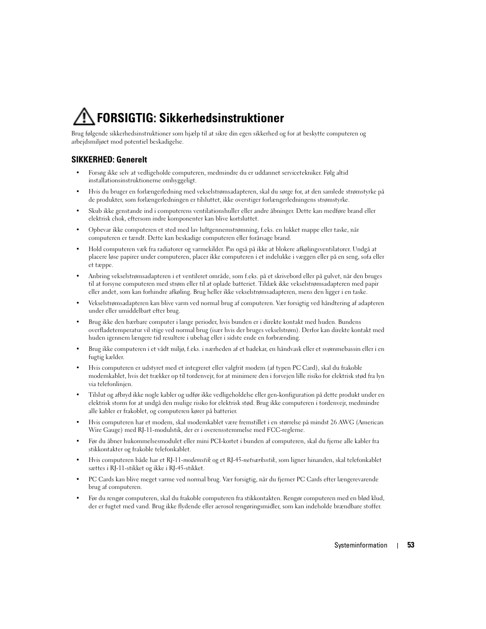 Forsigtig: sikkerhedsinstruktioner, Sikkerhed: generelt | Dell Latitude D505 User Manual | Page 55 / 322