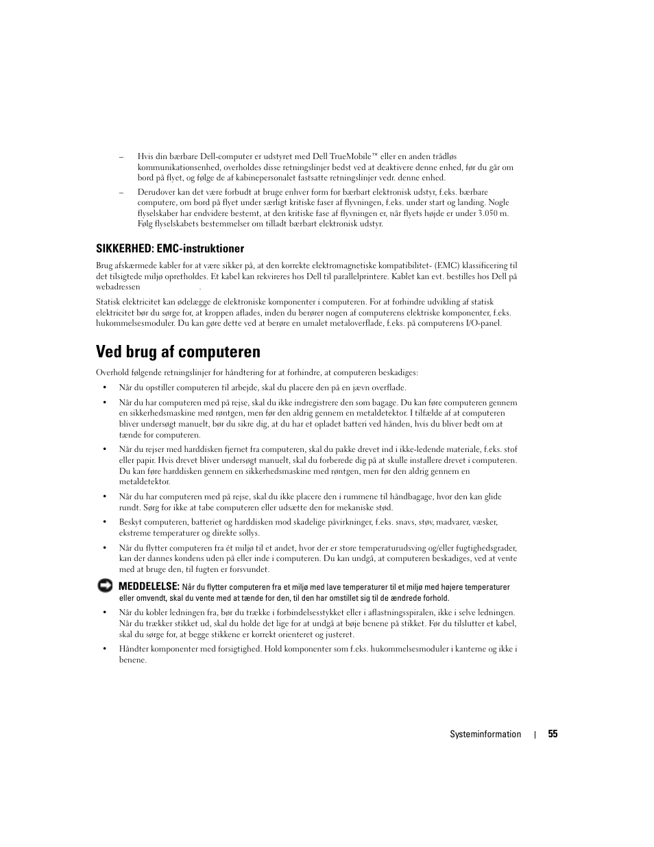 Ved brug af computeren, Sikkerhed: emc-instruktioner | Dell Latitude D505 User Manual | Page 57 / 322