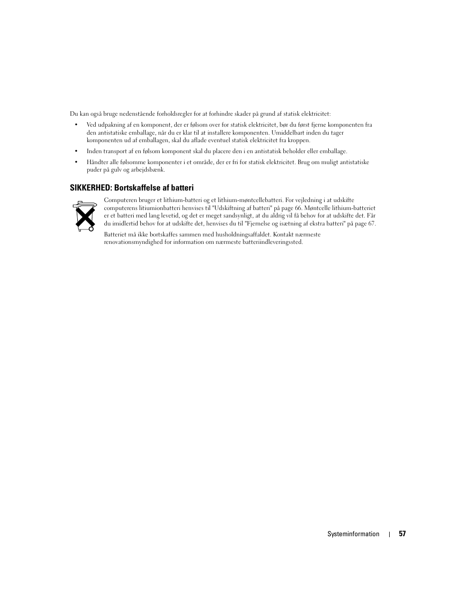 Sikkerhed: bortskaffelse af batteri | Dell Latitude D505 User Manual | Page 59 / 322