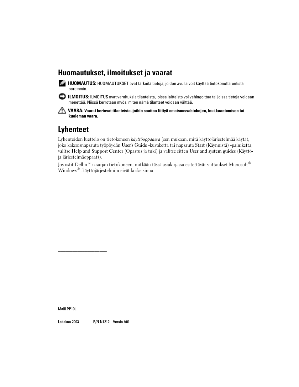 Huomautukset, ilmoitukset ja vaarat, Lyhenteet | Dell Latitude D505 User Manual | Page 76 / 322