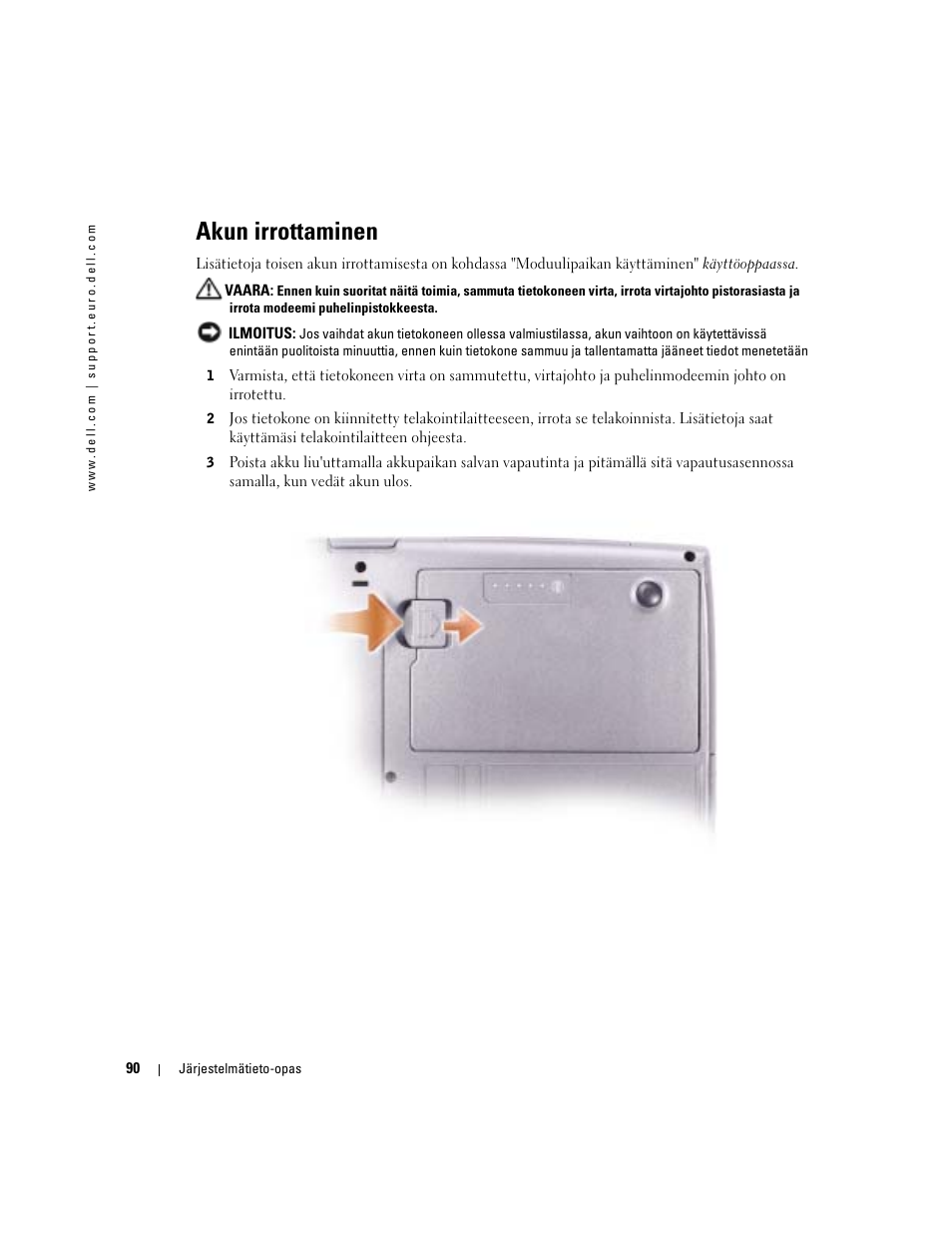 Akun irrottaminen | Dell Latitude D505 User Manual | Page 92 / 322