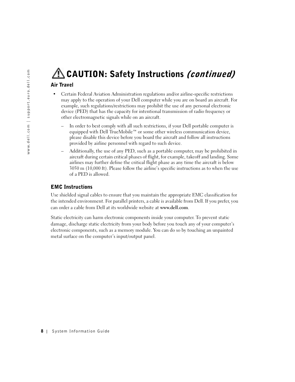 Air travel, Emc instructions, Caution: safety instructions (continued) | Dell Latitude D500 User Manual | Page 10 / 352