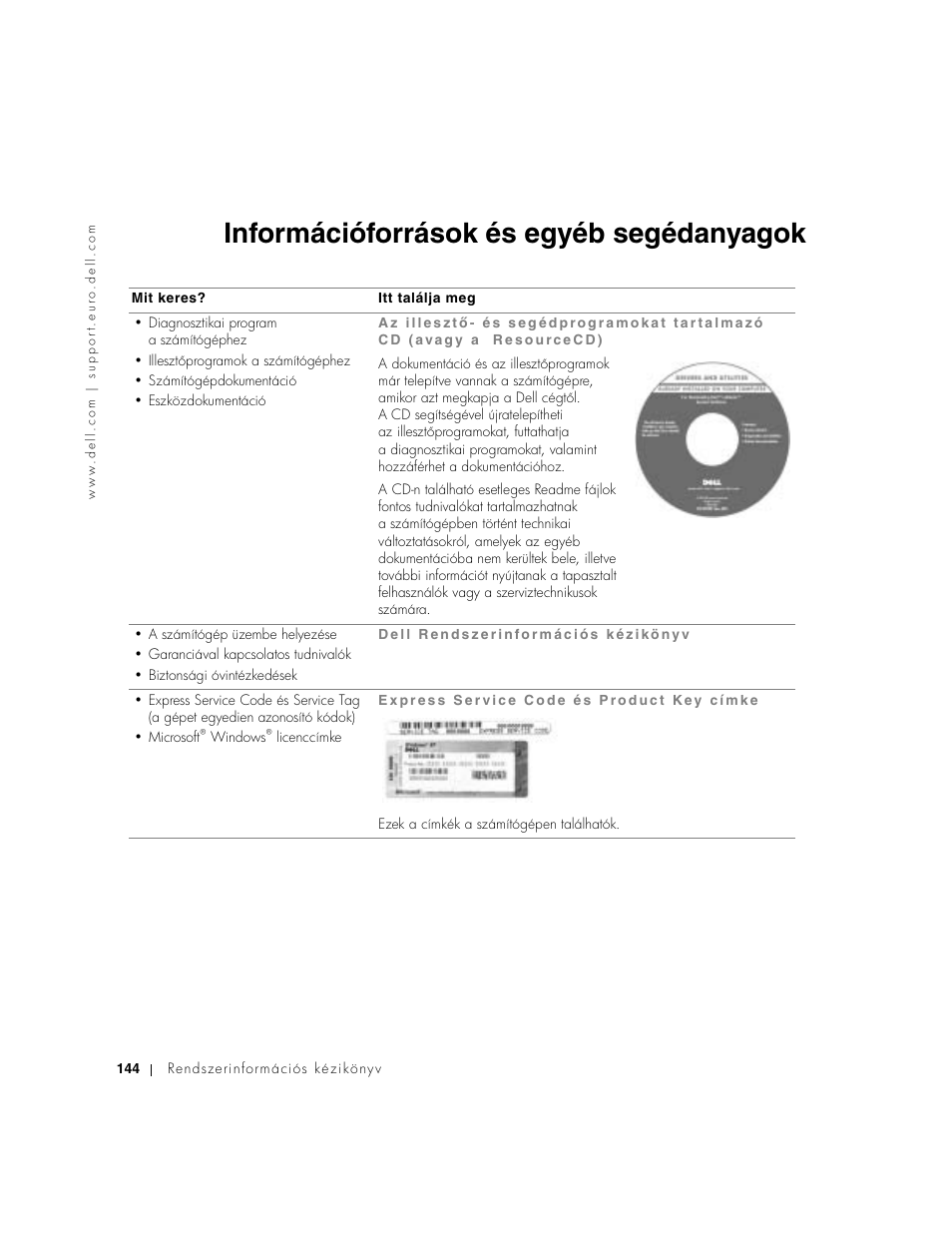 Információforrások és egyéb segédanyagok | Dell Latitude D500 User Manual | Page 146 / 352