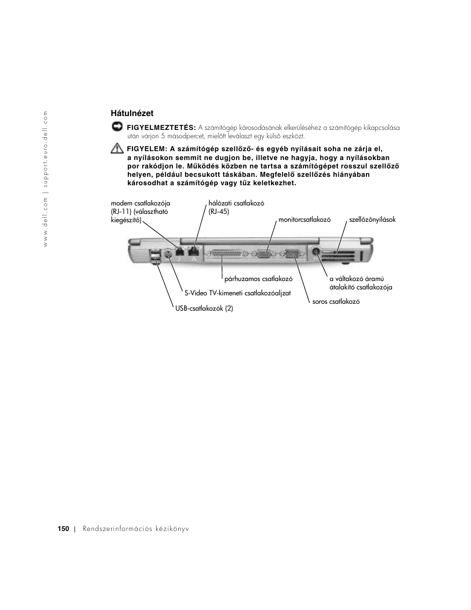 Hátulnézet | Dell Latitude D500 User Manual | Page 152 / 352