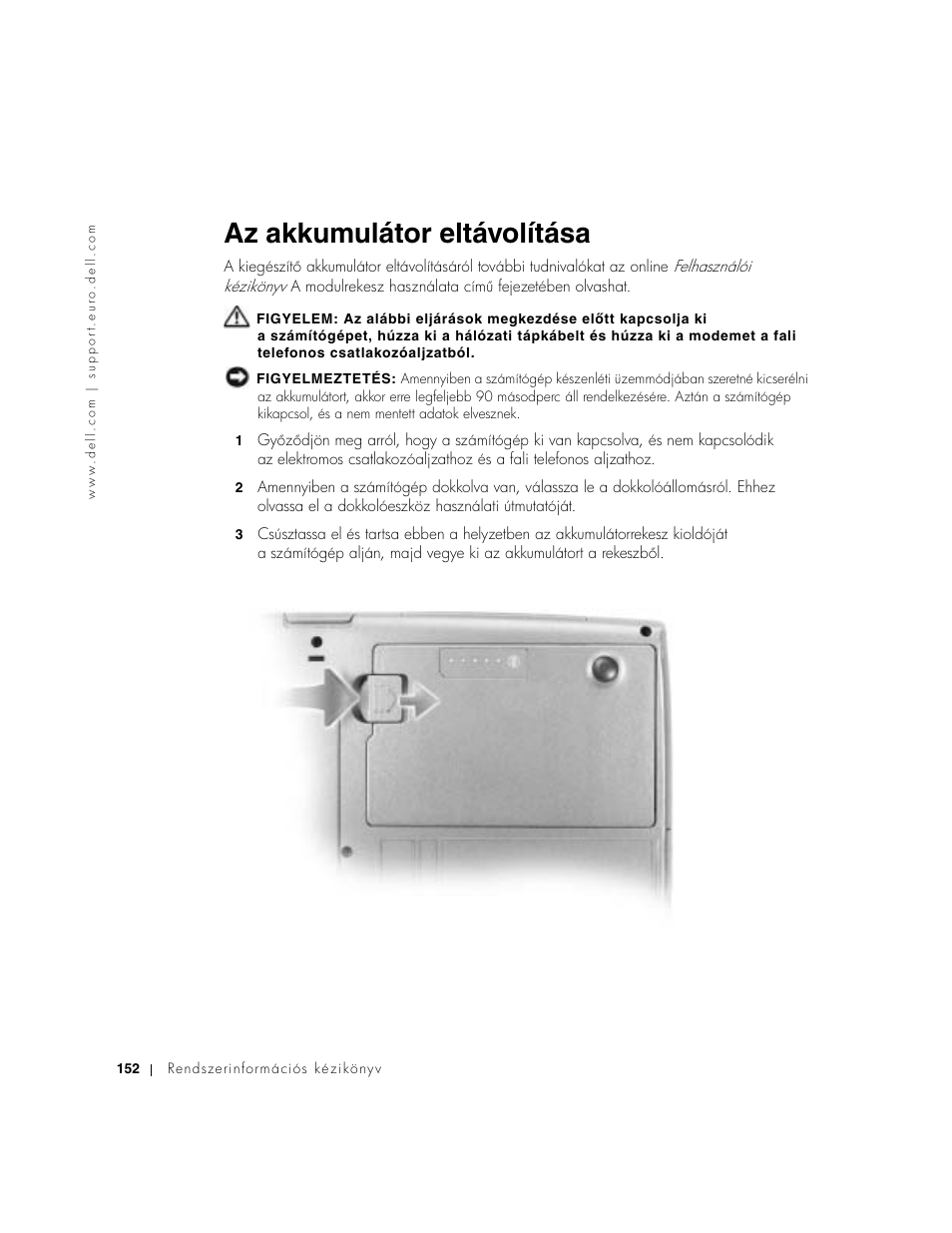 Az akkumulátor eltávolítása | Dell Latitude D500 User Manual | Page 154 / 352