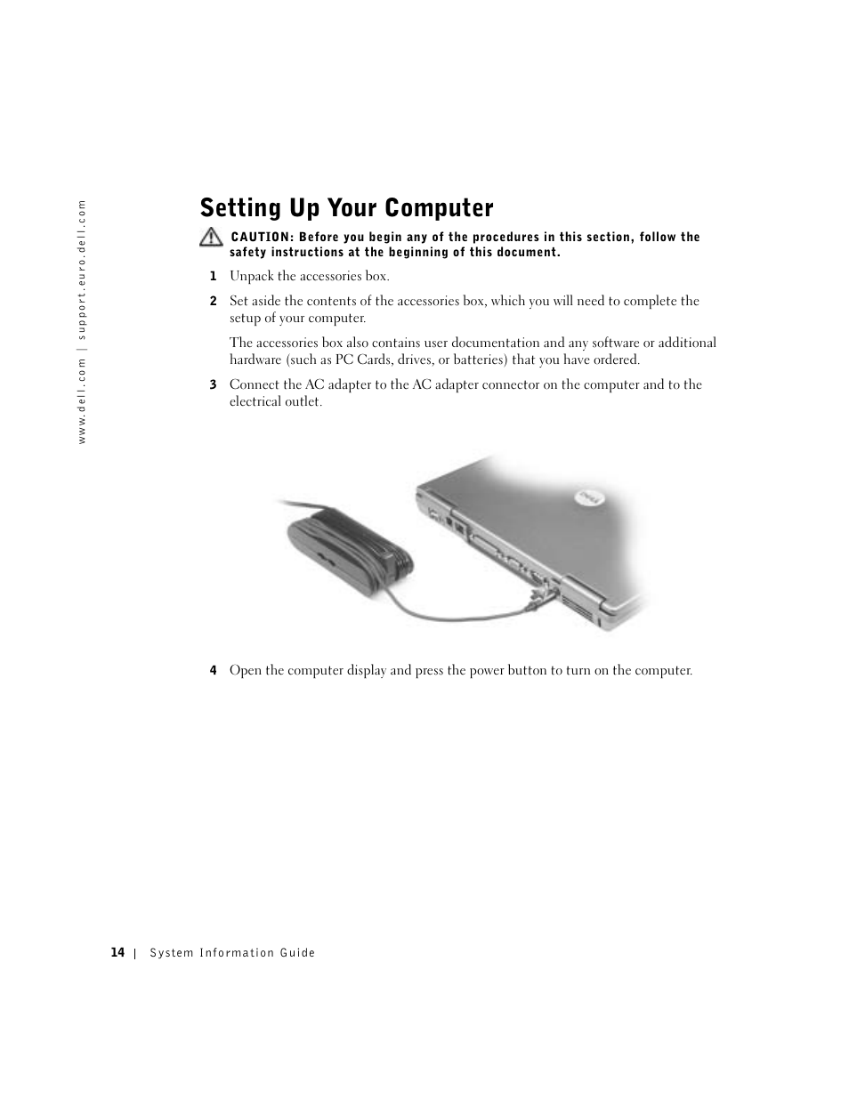Setting up your computer | Dell Latitude D500 User Manual | Page 16 / 352
