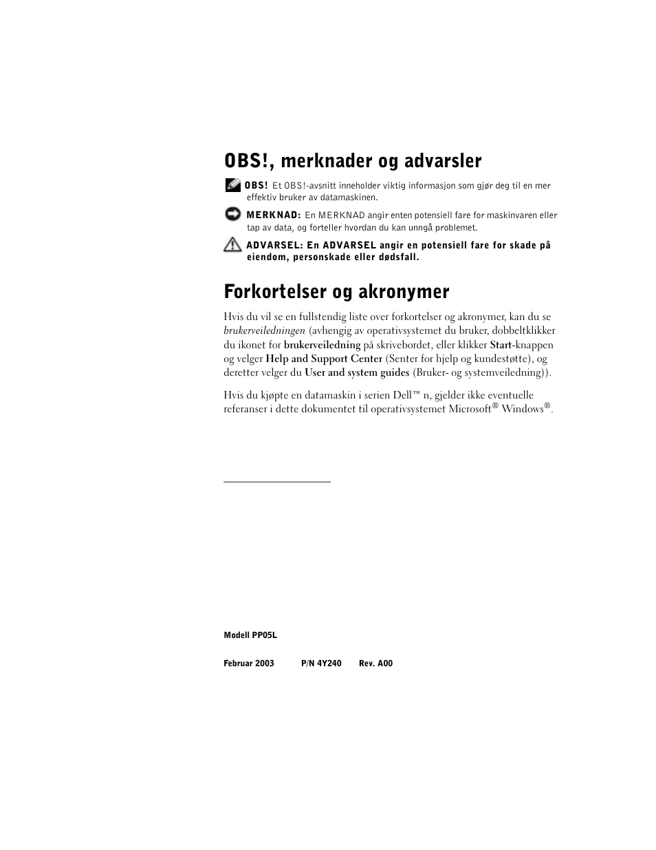 Obs!, merknader og advarsler, Forkortelser og akronymer | Dell Latitude D500 User Manual | Page 164 / 352