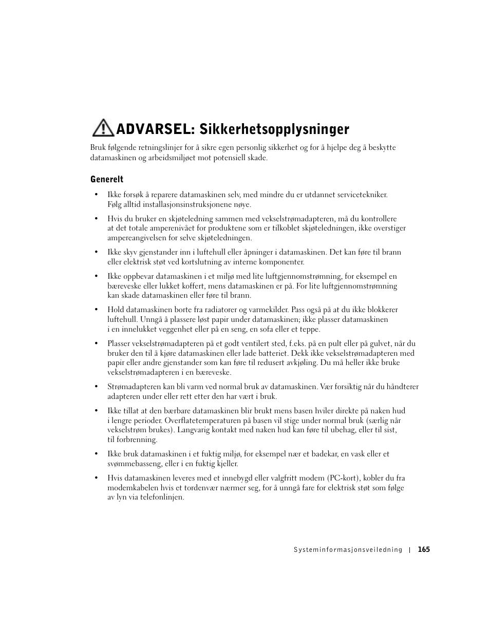 Advarsel: sikkerhetsopplysninger, Generelt | Dell Latitude D500 User Manual | Page 167 / 352