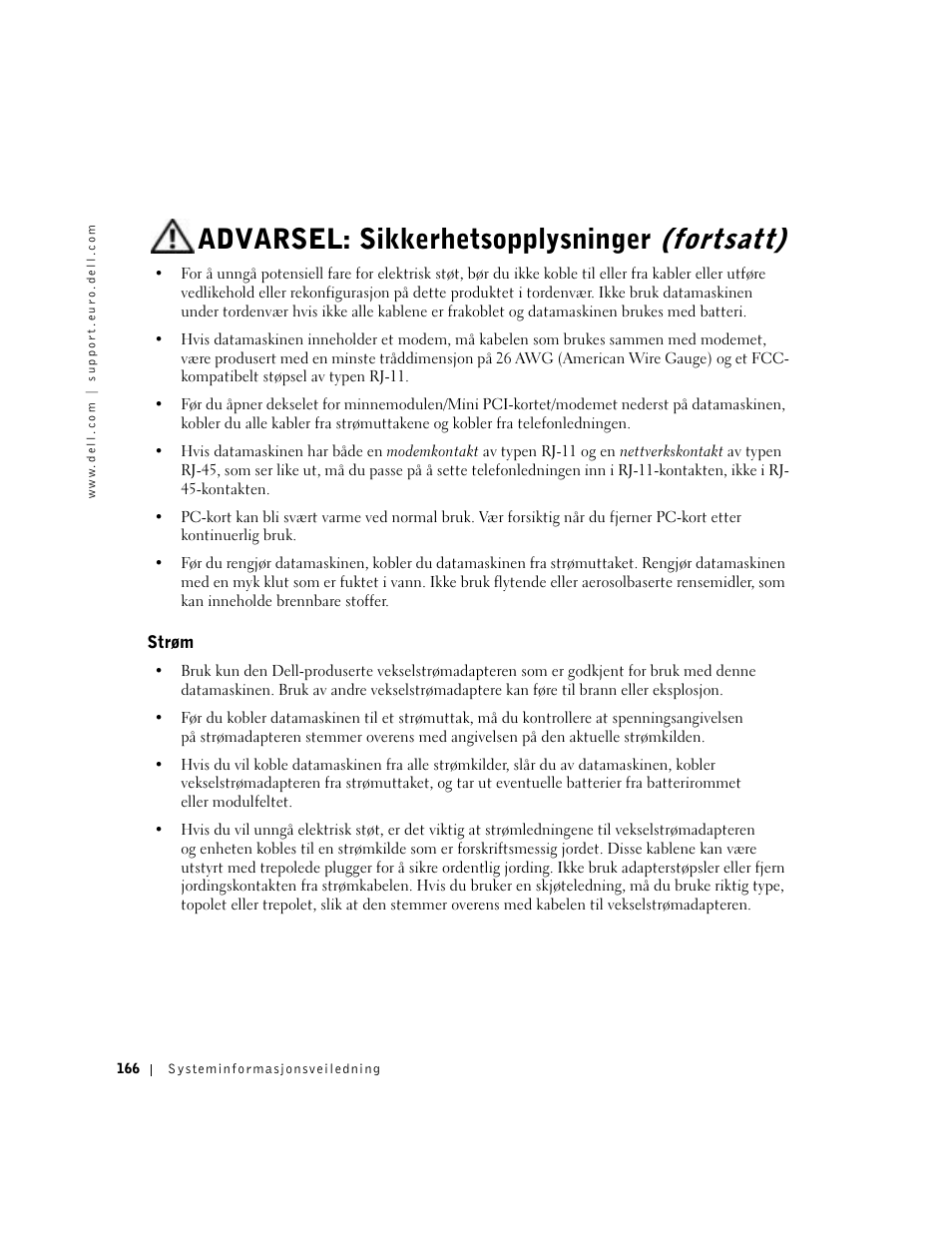Strøm, Advarsel: sikkerhetsopplysninger (fortsatt) | Dell Latitude D500 User Manual | Page 168 / 352