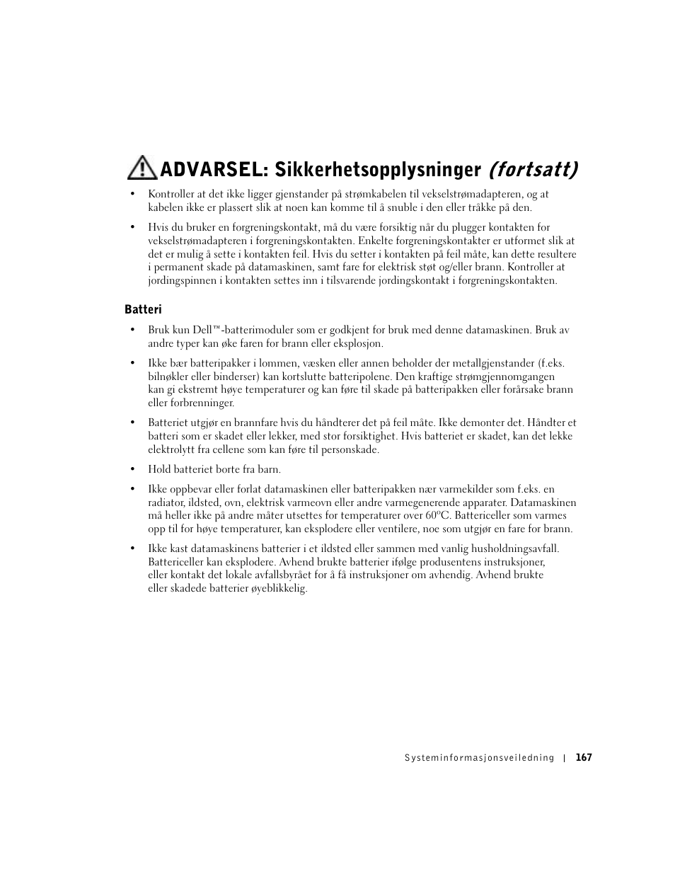 Batteri, Advarsel: sikkerhetsopplysninger (fortsatt) | Dell Latitude D500 User Manual | Page 169 / 352