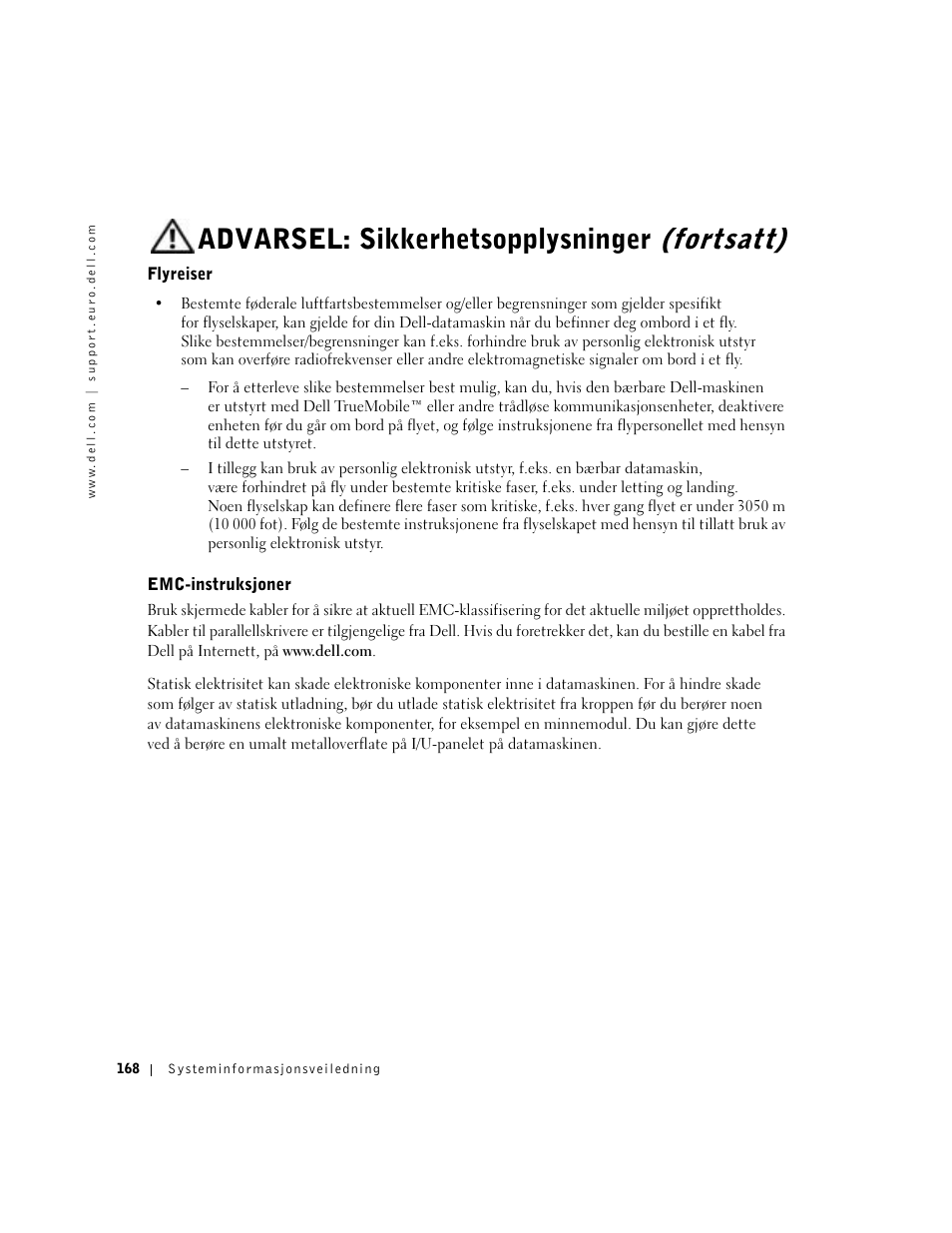 Flyreiser, Emc-instruksjoner, Advarsel: sikkerhetsopplysninger (fortsatt) | Dell Latitude D500 User Manual | Page 170 / 352