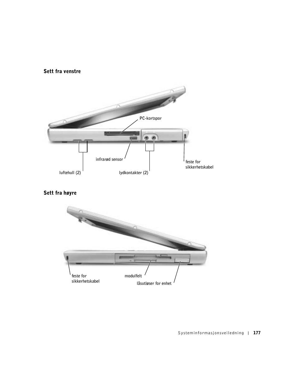 Sett fra venstre, Sett fra høyre | Dell Latitude D500 User Manual | Page 179 / 352