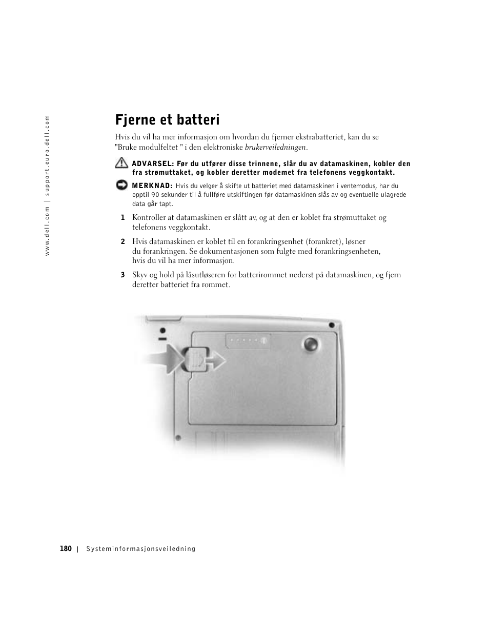 Fjerne et batteri | Dell Latitude D500 User Manual | Page 182 / 352