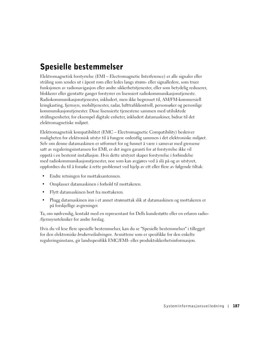 Spesielle bestemmelser | Dell Latitude D500 User Manual | Page 189 / 352