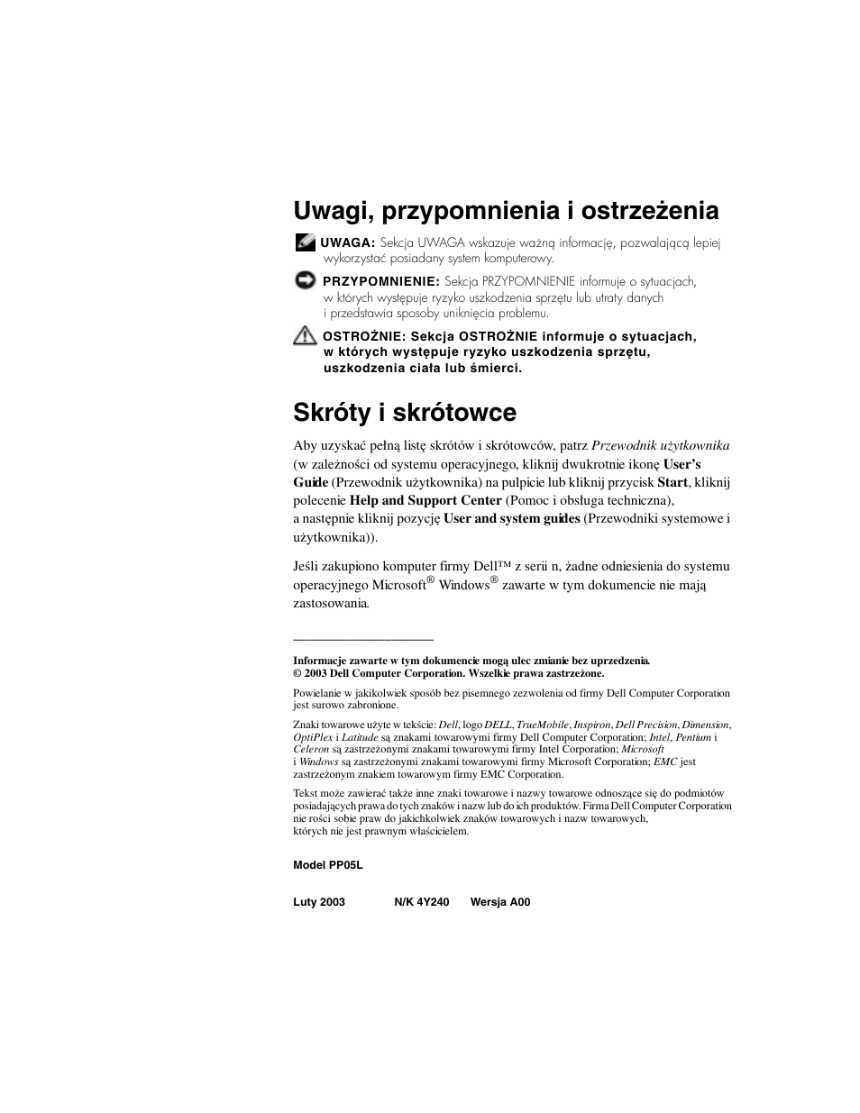 Uwagi, przypomnienia i ostrzeżenia, Skróty i skrótowce | Dell Latitude D500 User Manual | Page 192 / 352