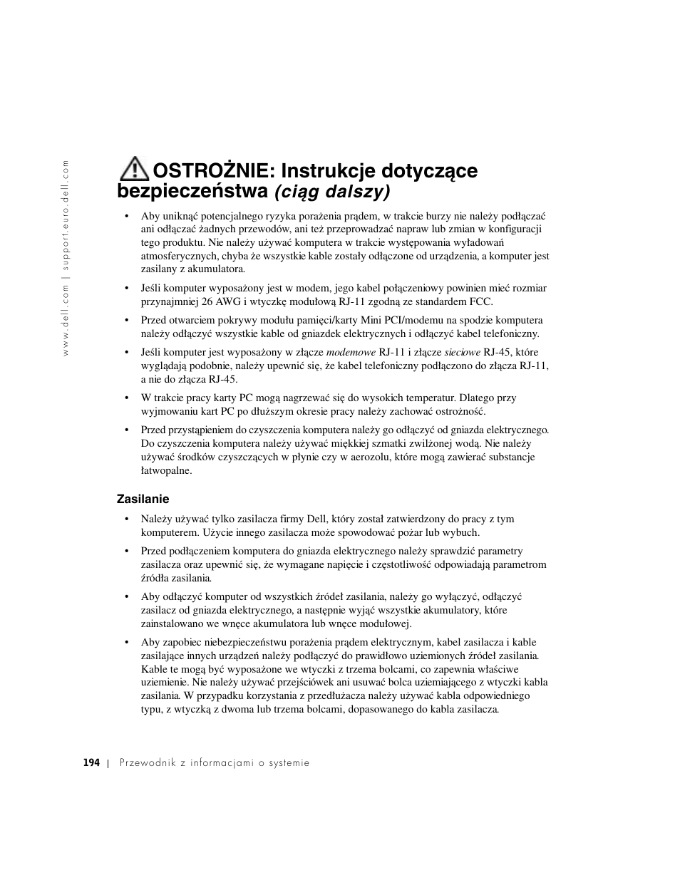 Zasilanie, Ostrożnie: instrukcje dotyczące bezpieczeństwa, Ciąg dalszy) | Dell Latitude D500 User Manual | Page 196 / 352