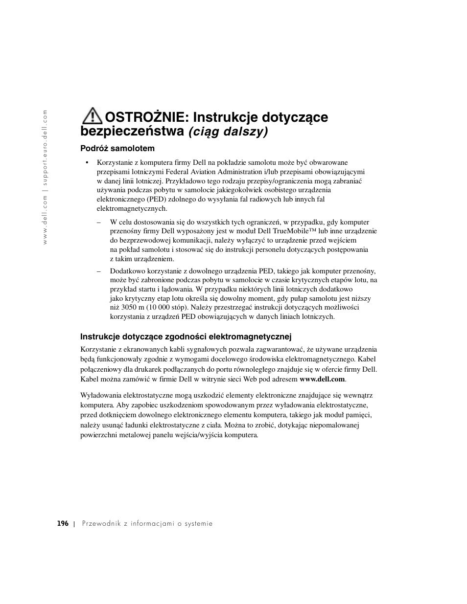 Podróż samolotem, Instrukcje dotyczące zgodności elektromagnetycznej, Podróɥ samolotem | Instrukcje dotyczéce zgodnoʘci elektromagnetycznej, Ostrożnie: instrukcje dotyczące bezpieczeństwa, Ciąg dalszy) | Dell Latitude D500 User Manual | Page 198 / 352