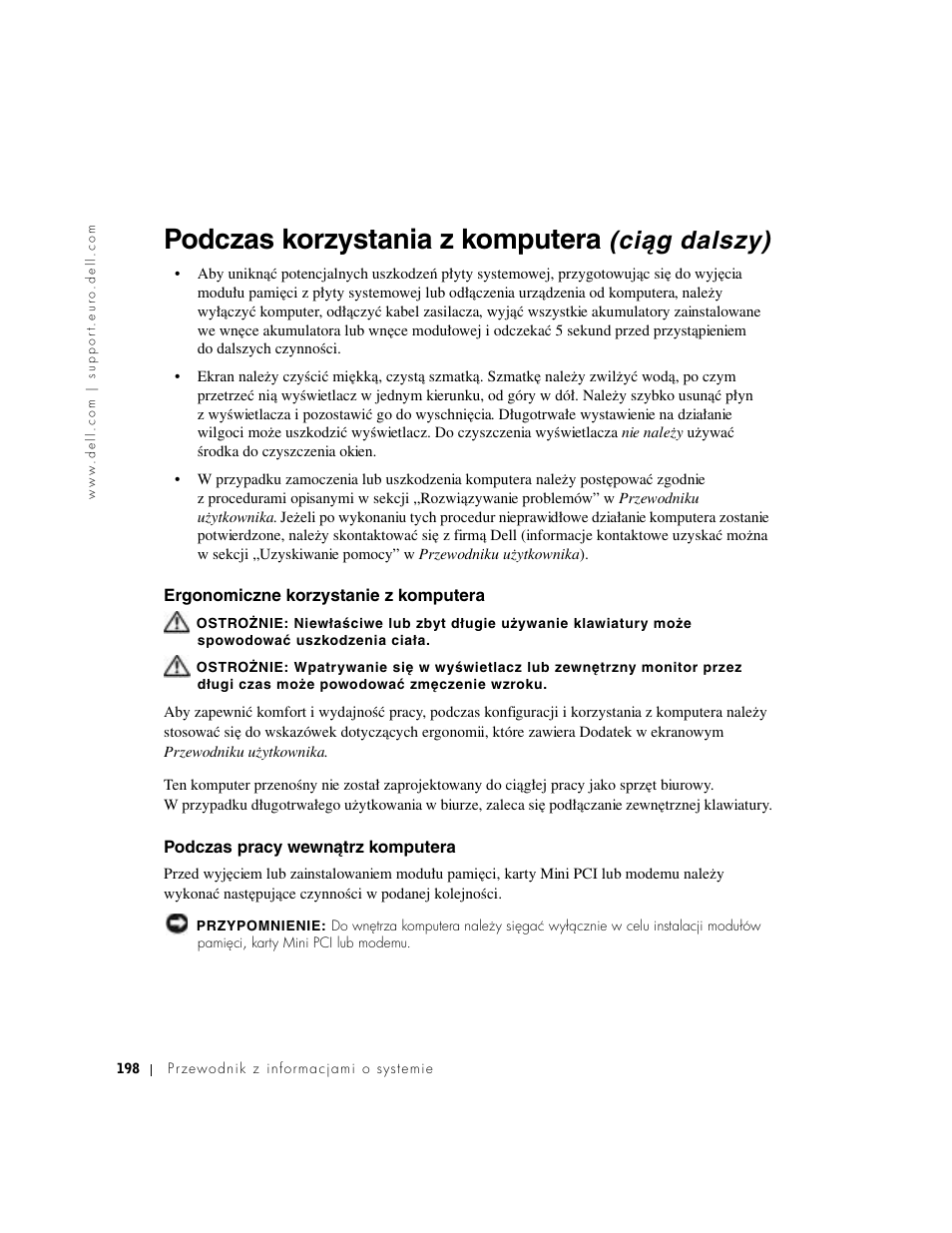 Ergonomiczne korzystanie z komputera, Podczas pracy wewnątrz komputera, Podczas pracy wewnétrz komputera | Podczas korzystania z komputera, Ciąg dalszy) | Dell Latitude D500 User Manual | Page 200 / 352