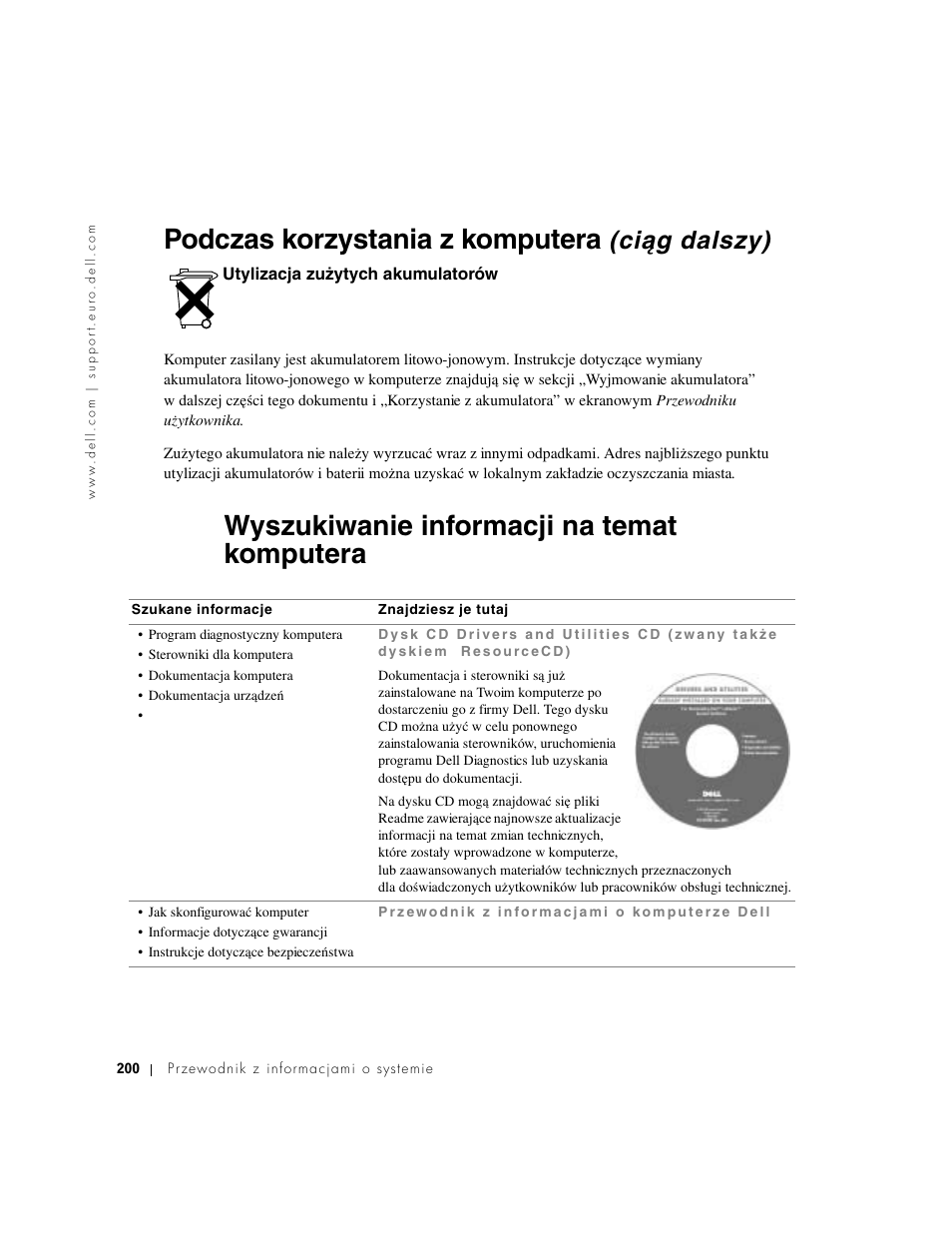 Utylizacja zużytych akumulatorów, Wyszukiwanie informacji na temat komputera, Utylizacja zuɥytych akumulatorów | Podczas korzystania z komputera, Ciąg dalszy) | Dell Latitude D500 User Manual | Page 202 / 352