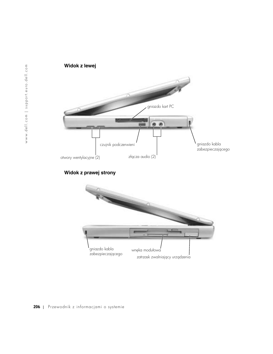 Widok z lewej, Widok z prawej strony, Widok z lewej widok z prawej strony | Dell Latitude D500 User Manual | Page 208 / 352