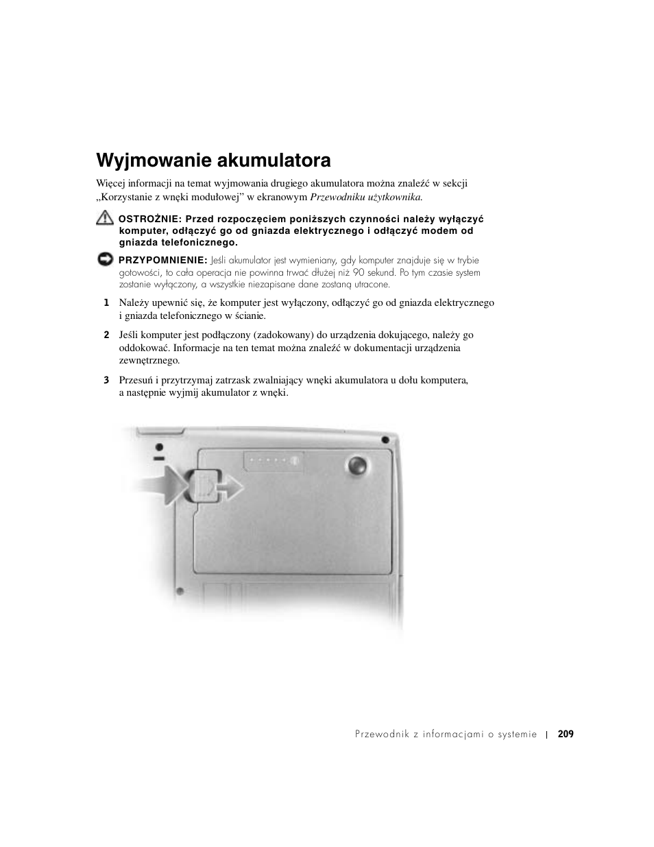 Wyjmowanie akumulatora | Dell Latitude D500 User Manual | Page 211 / 352