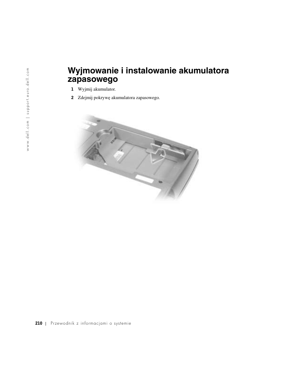 Wyjmowanie i instalowanie akumulatora zapasowego | Dell Latitude D500 User Manual | Page 212 / 352