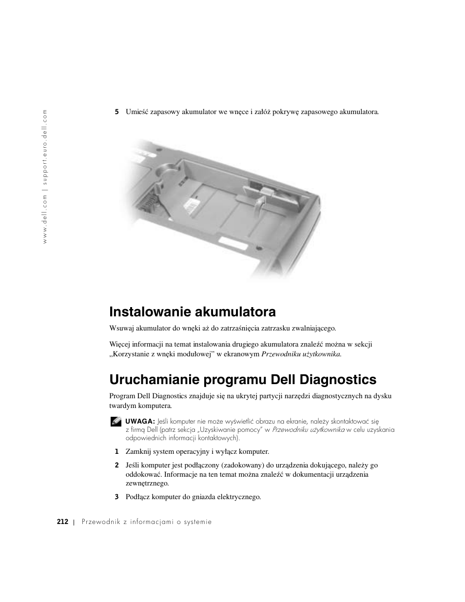 Instalowanie akumulatora, Uruchamianie programu dell diagnostics | Dell Latitude D500 User Manual | Page 214 / 352