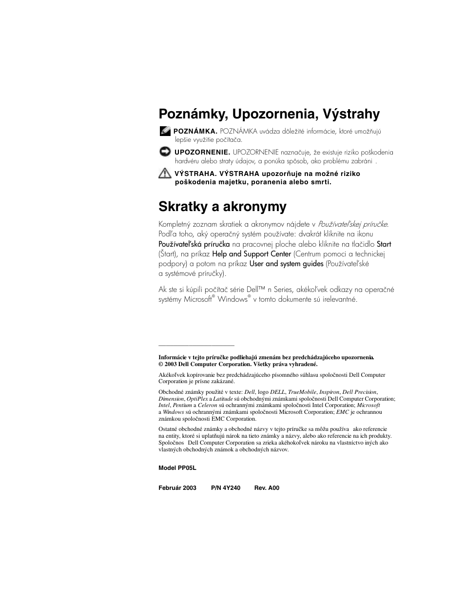 Poznámky, upozornenia, výstrahy, Skratky a akronymy | Dell Latitude D500 User Manual | Page 248 / 352