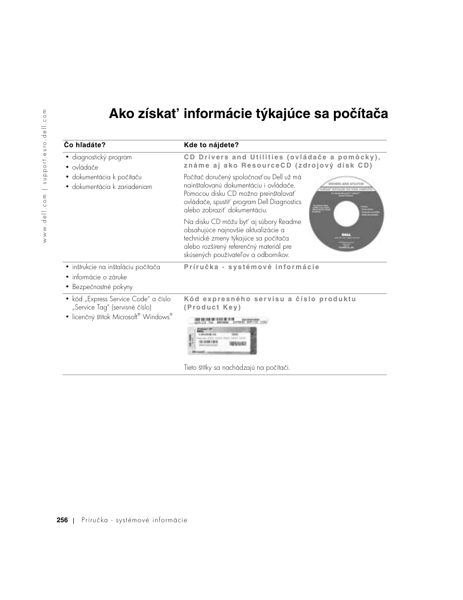 Ako získat’ informácie týkajúce sa počítača | Dell Latitude D500 User Manual | Page 258 / 352