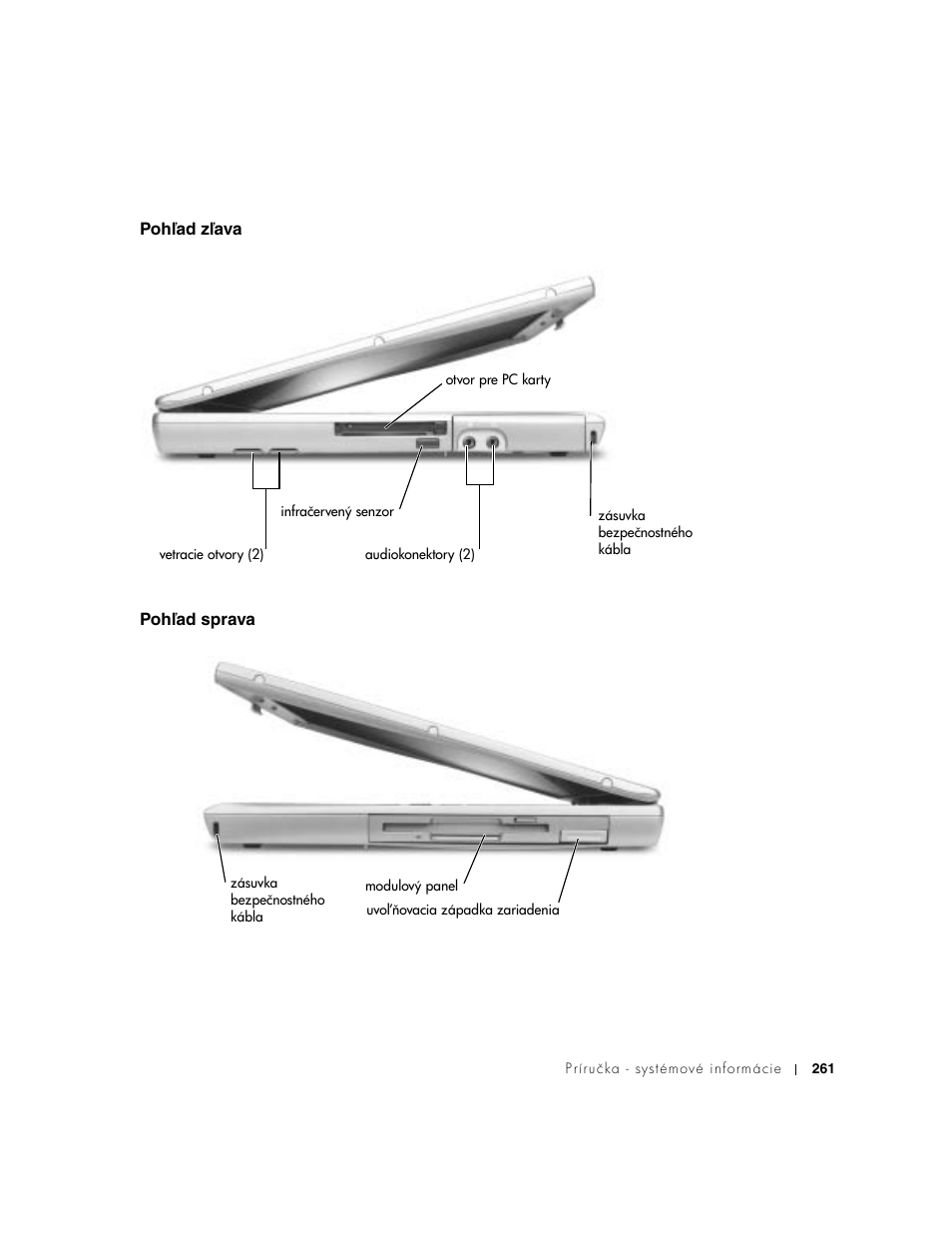 Pohľad zľava, Pohľad sprava, Pohűad zűava | Pohűad sprava | Dell Latitude D500 User Manual | Page 263 / 352