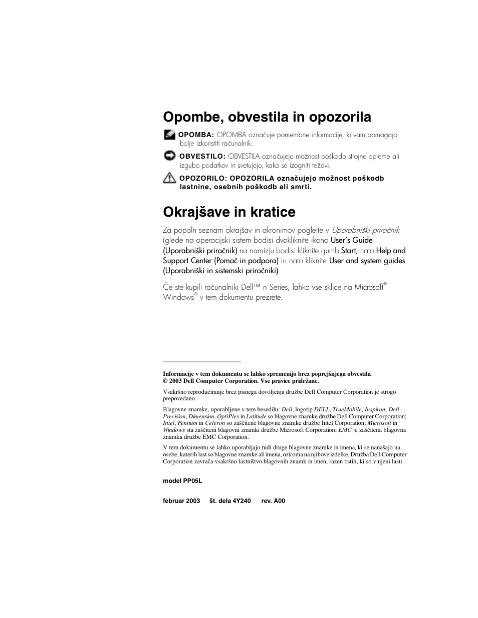 Opombe, obvestila in opozorila, Okrajšave in kratice | Dell Latitude D500 User Manual | Page 274 / 352