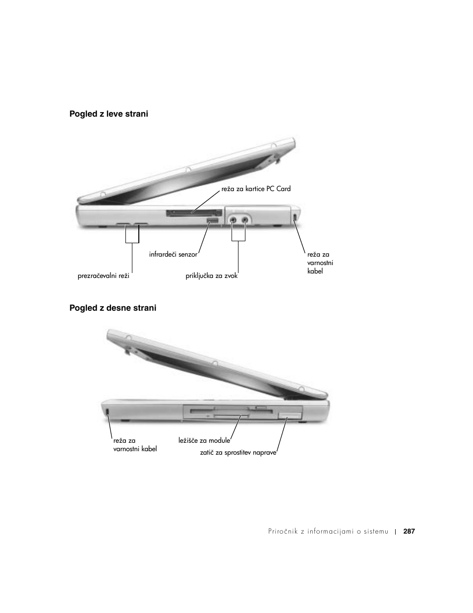 Pogled z leve strani, Pogled z desne strani | Dell Latitude D500 User Manual | Page 289 / 352