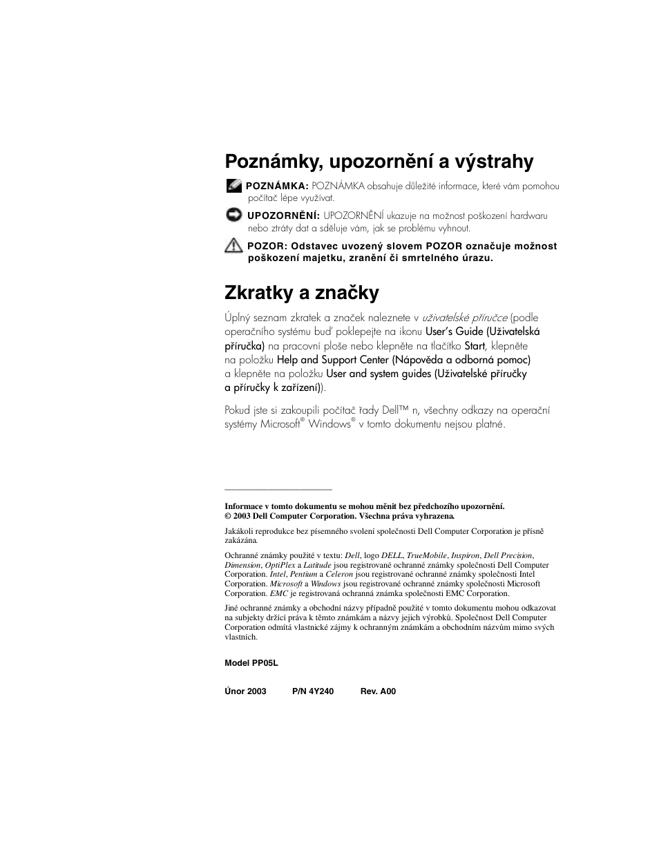 Poznámky, upozornění a výstrahy, Zkratky a značky | Dell Latitude D500 User Manual | Page 30 / 352