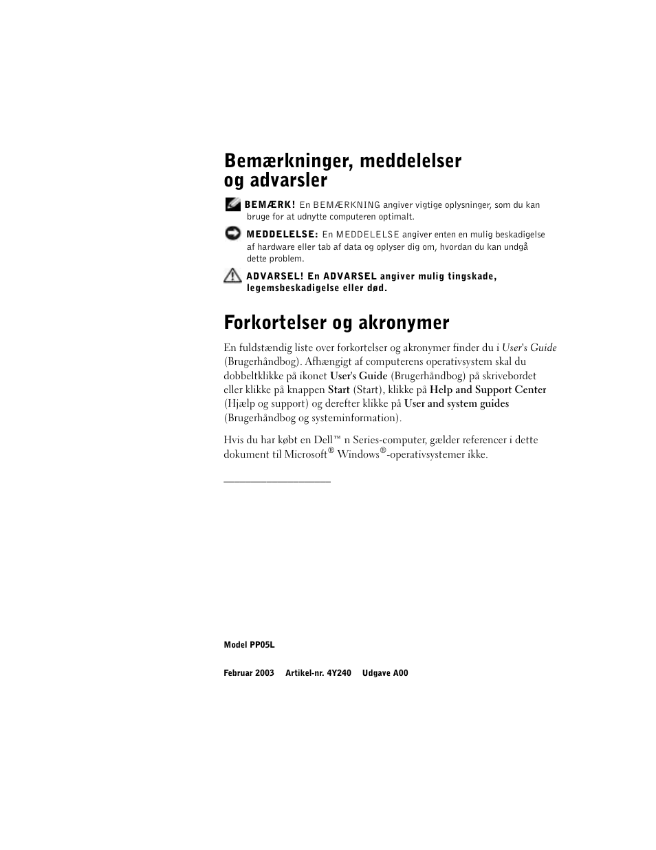 Bemærkninger, meddelelser og advarsler, Forkortelser og akronymer | Dell Latitude D500 User Manual | Page 56 / 352