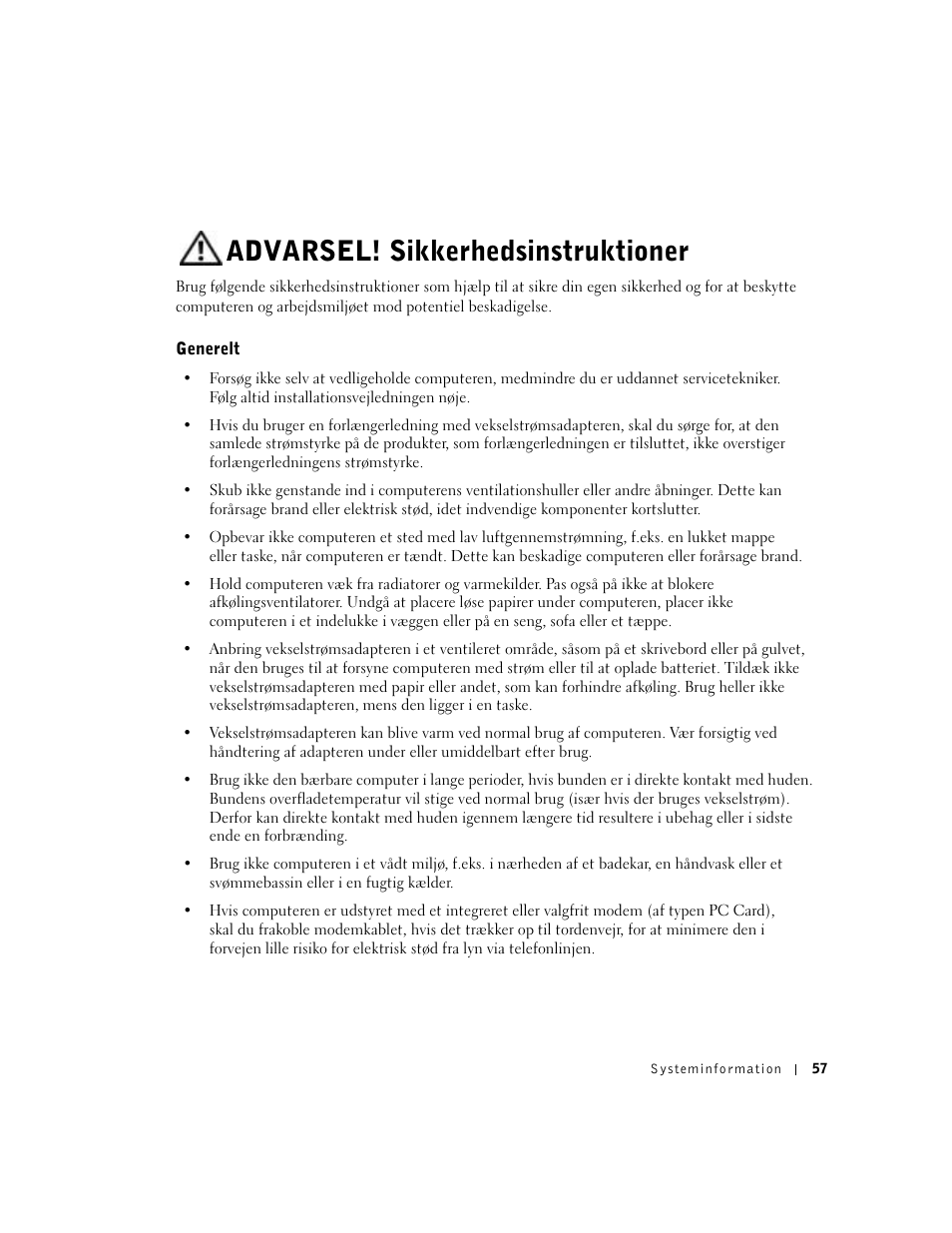 Advarsel! sikkerhedsinstruktioner, Generelt | Dell Latitude D500 User Manual | Page 59 / 352