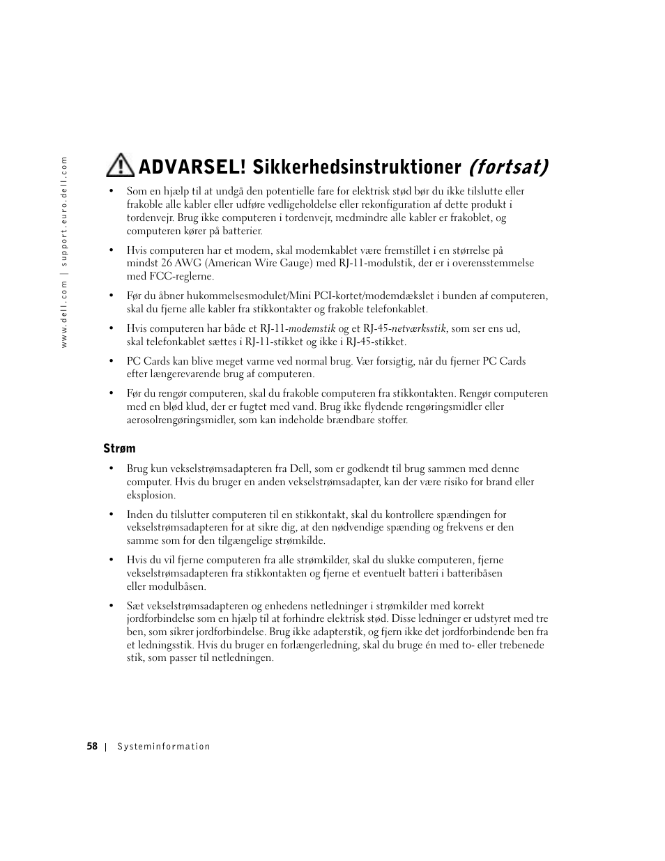 Strøm, Advarsel! sikkerhedsinstruktioner (fortsat) | Dell Latitude D500 User Manual | Page 60 / 352