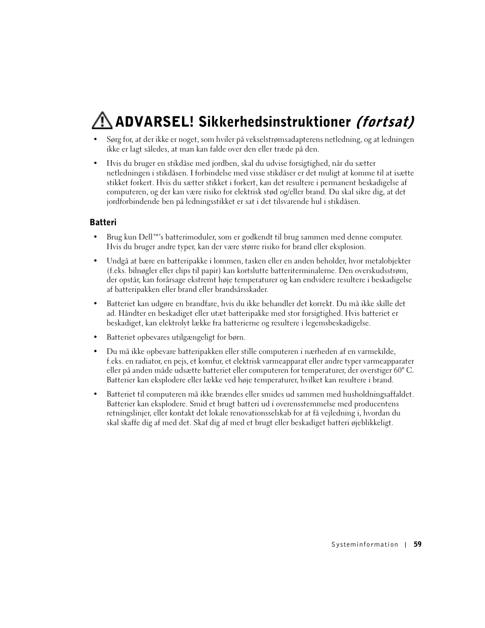 Batteri, Advarsel! sikkerhedsinstruktioner (fortsat) | Dell Latitude D500 User Manual | Page 61 / 352