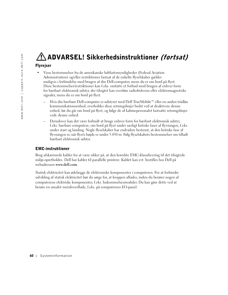 Flyrejser, Emc-instruktioner, Advarsel! sikkerhedsinstruktioner (fortsat) | Dell Latitude D500 User Manual | Page 62 / 352